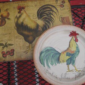 French Tuscan Country Rooster Decorative Plate & Country Farm Tin Decor